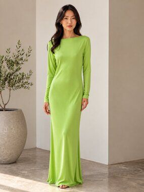Vintage HALSTON IV Dorian Lime Green Long Sleeved Boat Neck Column Maxi Dress